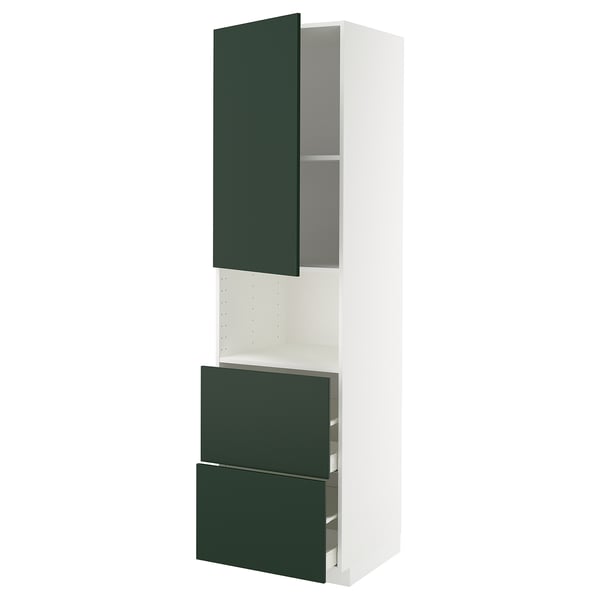 White and green kitchen cabinet with two drawers and one shelf.