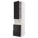 A modern, white METOD kitchen cabinet with black upplöv matte doors. It has a tall frame with two black drawers and a black cabinet door.
