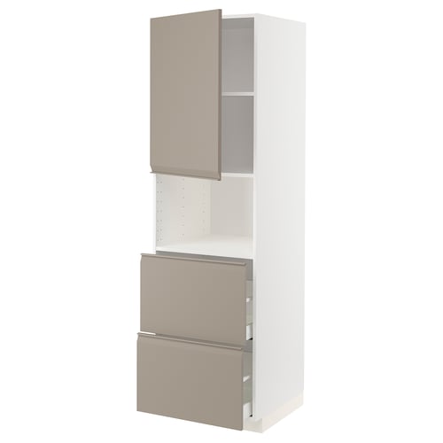 Modern METOD kitchen unit with upplöv beige-grey doors, tall, rectangular, minimalist, featuring integrated handles and smooth-running drawers.