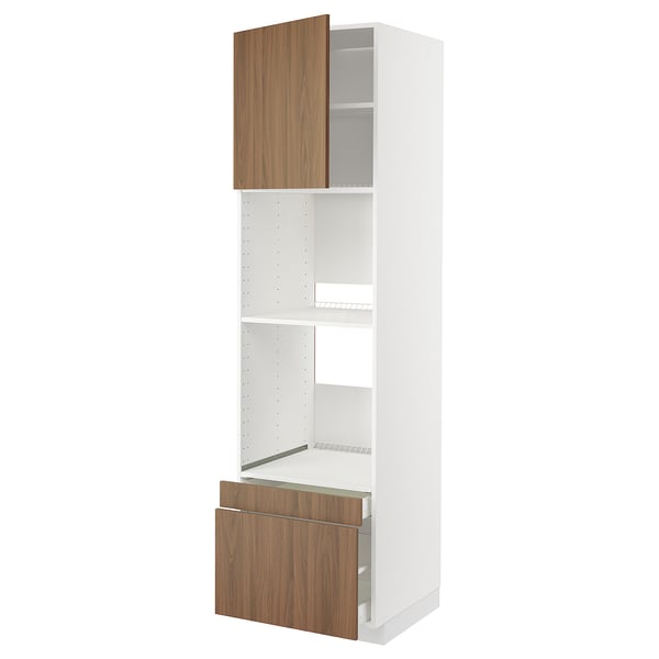 White METOD kitchen unit with modern walnut drawers and shelves.