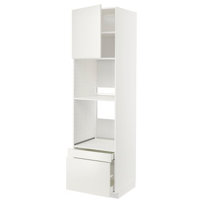 White METOD kitchen unit with drawer and open shelves.