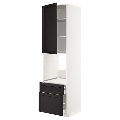 White kitchen cabinet with black stained wooden doors and drawers.