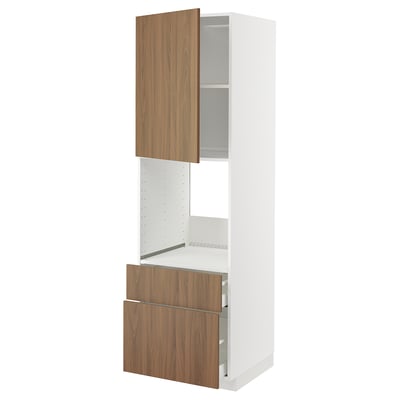 Modern white kitchen cabinet with wooden drawers and open shelf. Tall, rectangular, sleek and minimalist design.