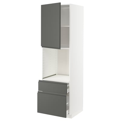A modern white and dark grey kitchen cabinet with a door and two drawers. It integrated handles and a sleek design.