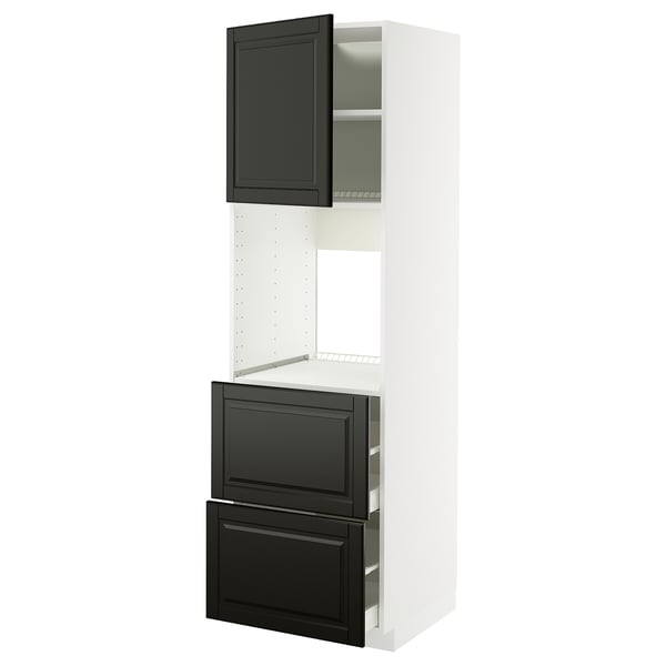 A METOD kitchen unit with black bodbyn doors. It has adjustable shelves and smooth-closing drawers.
