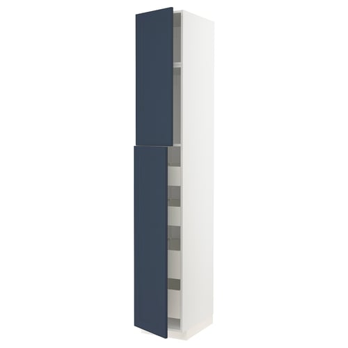 Vertical white METOD cabinet with navy blue doors, sleek and modern design.