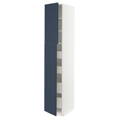 Modern tall white cabinet with blue doors, multiple shelves, sleek design.