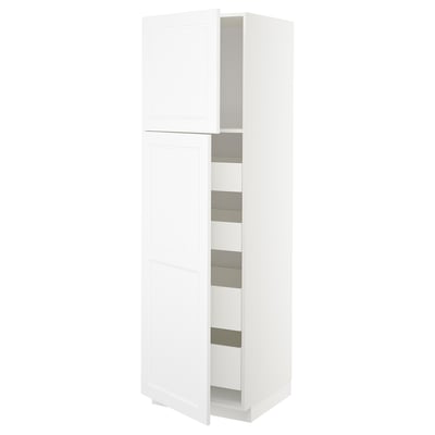 A white METOD kitchen cabinet with adjustable shelves and dual doors. It a sleek, modern design with a sturdy frame.