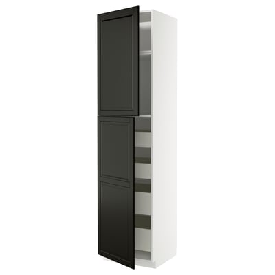 Black-framed METOD cabinet, tall, rectangular with open shelves, modern minimalist design.