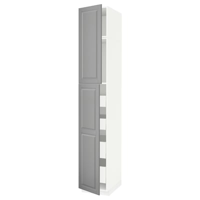 METOD tall white cabinet with grey doors, traditional design, bevelled edges.