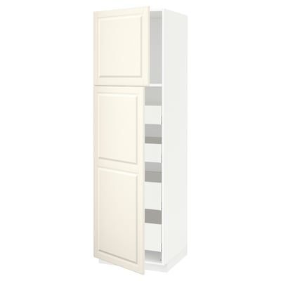 White tall kitchen cabinet with off-white beveled doors, two adjustable shelves inside, part of the METOD system.