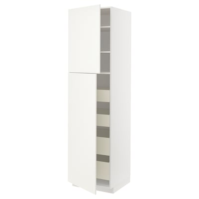 White METOD cabinet with beige shelves, tall, two-door, sleek and modern design.