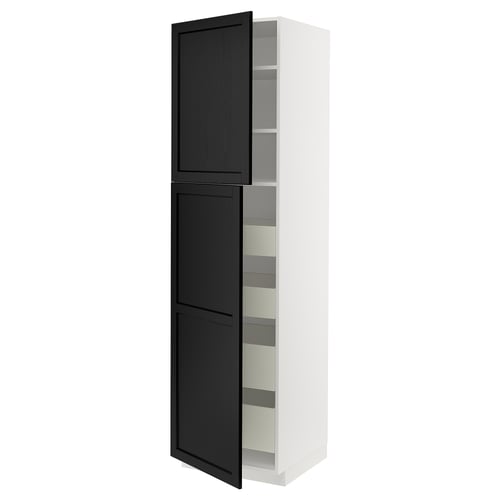 METOD kitchen cabinet with black stained ash doors, bevelled edges, and white shelves.