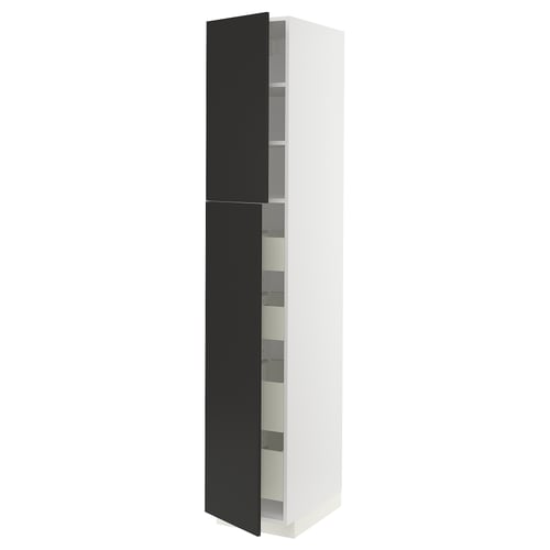 A white tall cabinet with black doors and multiple shelves inside. It a sleek, modern design.