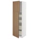 An open, tall, white kitchen cabinet with wooden doors. Inside are multiple shelves. Its modern design offers ample storage.