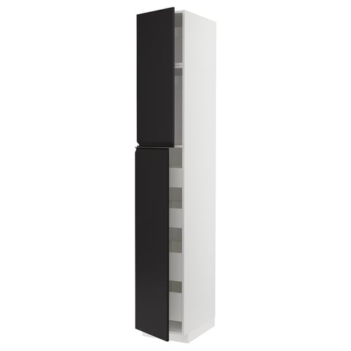 A tall white kitchen cabinet with black doors, sleek handles, and adjustable shelves.