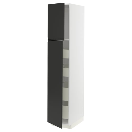 Modern kitchen cabinet: white METOD frame, black upplov doors, sleek handles, tall unit with shelves.