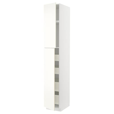White METOD kitchen cabinet with vallstena fronts, tall, modern design, sleek edges.