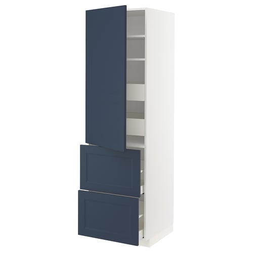 Blue and white kitchen cabinet with shelves and drawers.