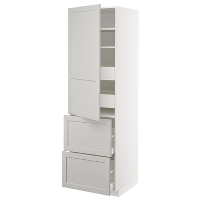 White kitchen cabinet with shelves and drawers, traditional design.