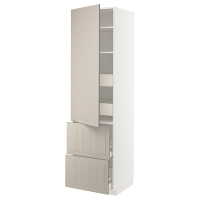 Tall beige cabinet, METOD brand with multiple shelves and drawers.