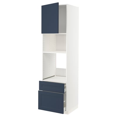 Blue and white kitchen cabinet with open door and drawer, modern design, by ikea.
