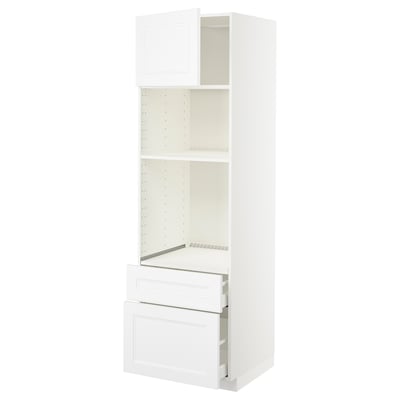 White METOD kitchen unit with shelves and drawers, minimalist design.