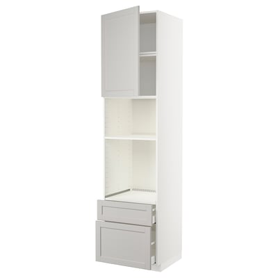 A white METOD kitchen unit, featuring drawers and an open cabinet with an adjustable shelf.