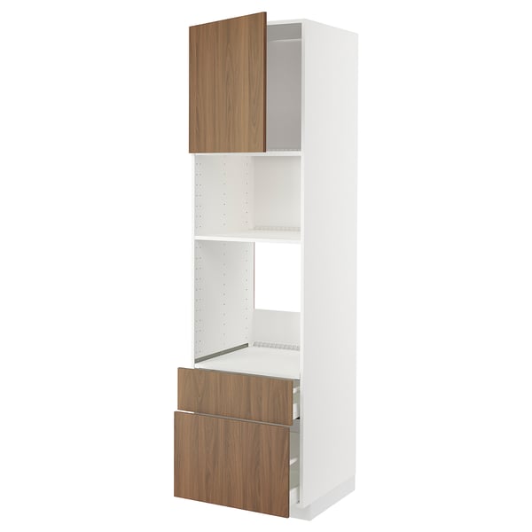 Modern white kitchen unit with wooden drawers and cabinet, sleek and minimalist design.