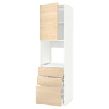 METOD kitchen unit with light ash drawers and white frame, tall with open shelf.