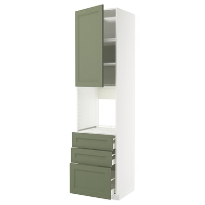 METOD kitchen unit in grey-green with high cabinet and drawers, modern traditional design.