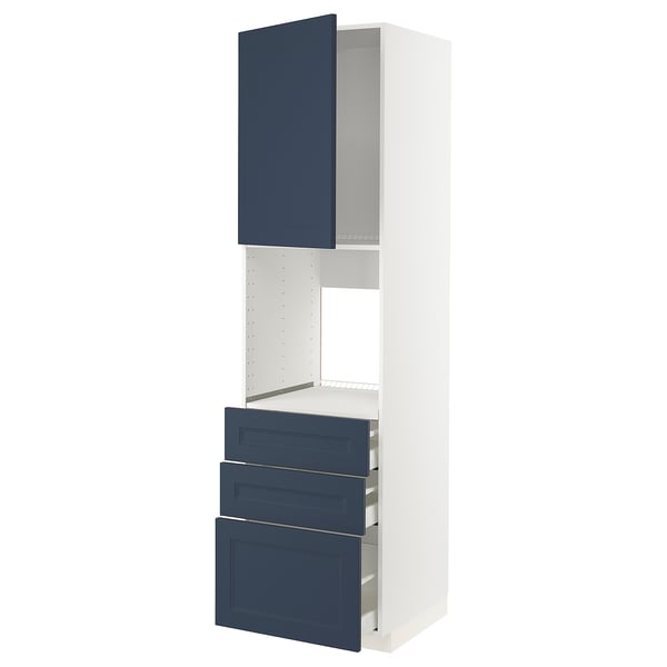 METOD kitchen unit with blue axstad drawers and doors, white frame.