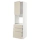 A tall, white kitchen cabinet unit with beige drawers. It has a sleek, modern design featuring three drawers and a top hinge door.