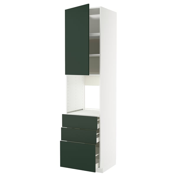 A tall white kitchen cabinet with green drawers and a door. It has a modern design with a 25-year guarantee.