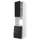 A modern white kitchen cabinet with black drawers and doors, featuring sleek design and integrated handles.
