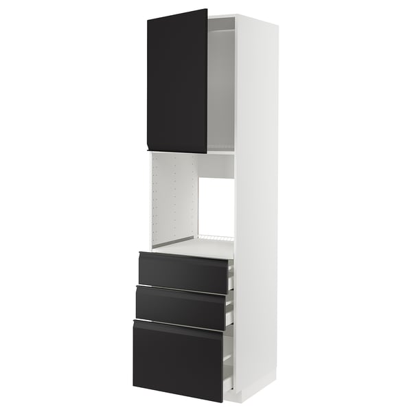 Modern kitchen unit METOD, white with black drawers and cabinet, sleek handles, open design.