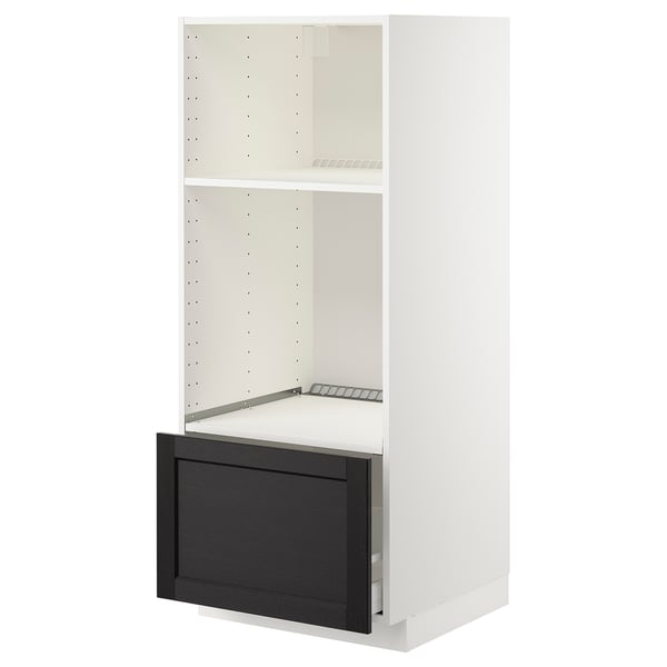 A high white kitchen cabinet with a dark drawer, featuring a modern traditional design.