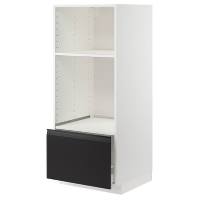 White and black METOD kitchen unit with drawer, adjustable shelf, modern design, sleek handles.