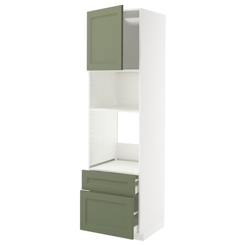 METOD kitchen unit in grey-green with open top cabinet and two pull-out drawers, sleek modern design.