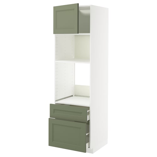 METOD kitchen cabinet in white/green with adjustable shelves and drawers.