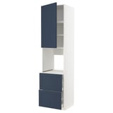 A tall, white ikea METOD kitchen cabinet with blue doors and drawers. It has a modern design with a blue frame and open shelves.