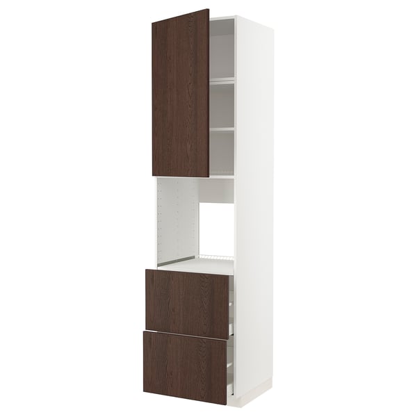 METOD kitchen unit: tall, white with dark brown wood grain doors, drawers, and shelves, featuring a sleek modern design.