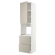 Modern beige white kitchen cabinet, tall and rectangular with multiple compartments. Fixed shelves and smooth drawers with nickel hinges.