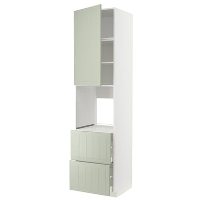 METOD kitchen unit in green with light cabinets and grey interiors. Tall, rectangular design with open compartments and drawers.