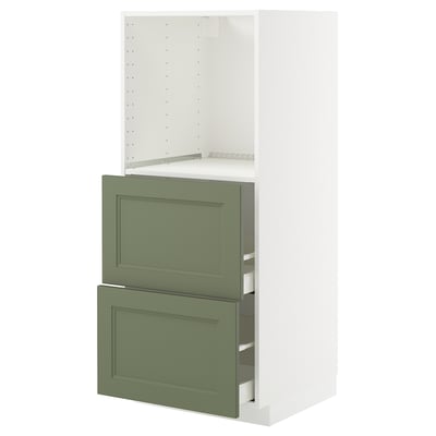 Modern kitchen cabinet in green with white frame, adjustable shelf, two drawers.