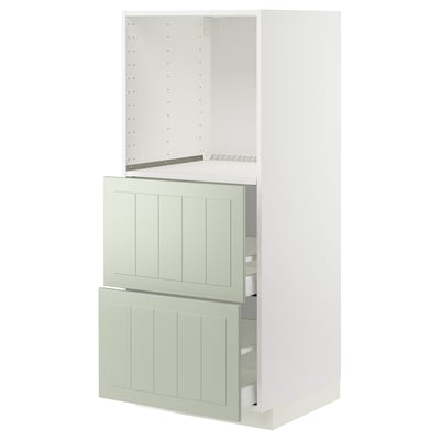A white METOD kitchen cabinet with green stensund fronts, featuring drawers and an adjustable shelf.