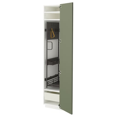 Open METOD kitchen cabinet in grey-green with adjustable shelves and smooth drawers.