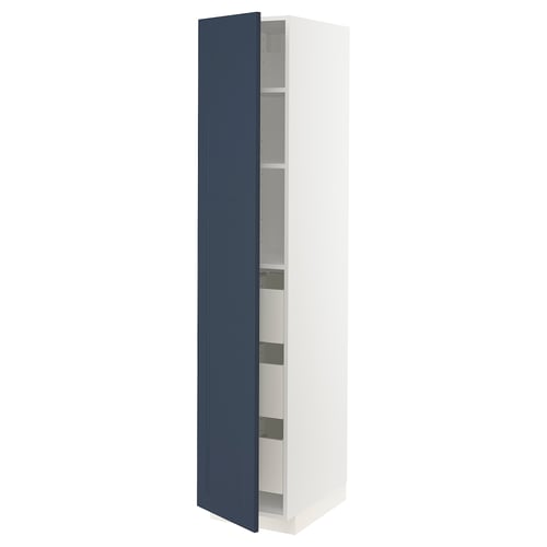 A white and blue ikea METOD kitchen cabinet with three shelves and a door.