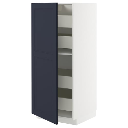 Blue and white kitchen cabinet with adjustable shelves and soft-close drawers.