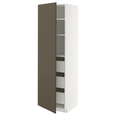 Ikea METOD tall kitchen unit with dark brown door, white interior, adjustable shelves.